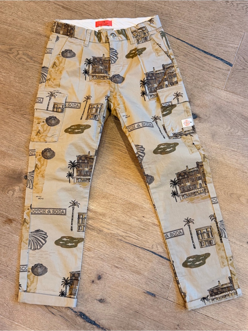 Boys Graphic Scotch & Soda Beige Tropical Print Cargo Pants NWOT